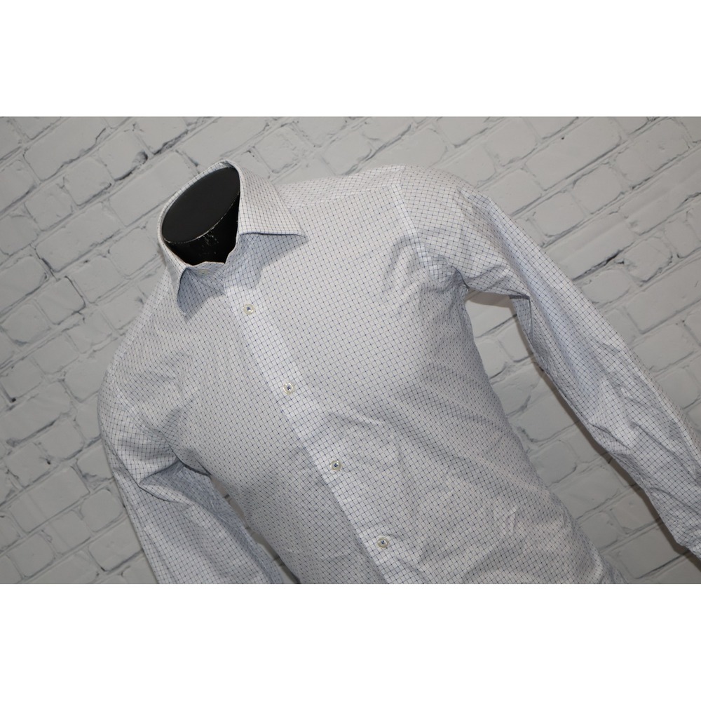 David Donahue Dress Shirt Mens Medium 15.5 32/33 White Blue Grid Slim Fit